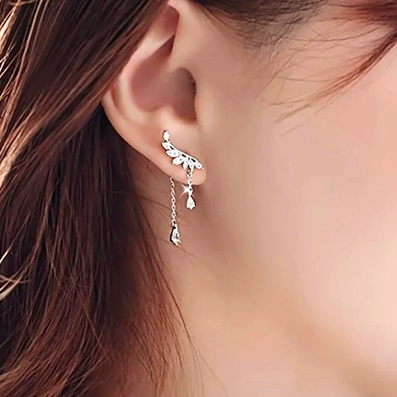 S925 Sterling Silver Angel Wings Dangling Studs - Picture 2 of 2